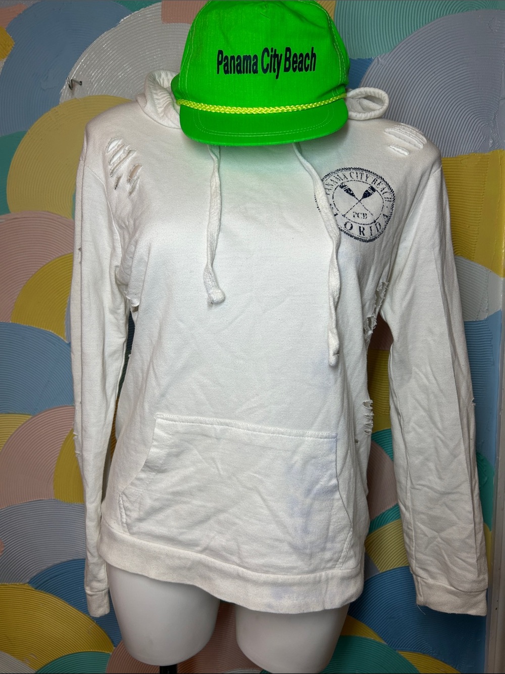 US Vintage Panama City Beach Neon Green Trucker Hat & Distressed White Hoodie